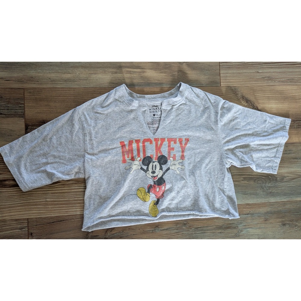 Disney Mickey Mouse Double Sided V Neck Short Sleeve Heather Gray Crop Top Small